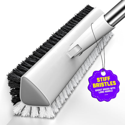 Grout Brush with Long Heavy Duty Handle, 180° Swivel Floor Scrub Brush, V-Shaped Grout Line Scrubber with Stiff Bristles, Cleaning Brush for Deep Cleaning Tile Grout, Shower, Kitchen, and Concrete