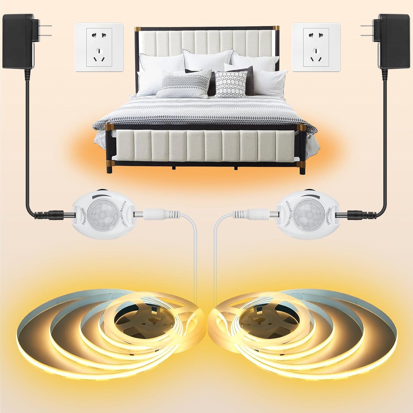 Under Bed Lights Motion Sensor COB Strip, 2-Packs 6.56Ft Warm White | Motion Activated LED Strip Lights with Dimmer, 12V Auto On/Off Motion Sensor Night Lighting for Indoor Bedside Cabinet Stairs