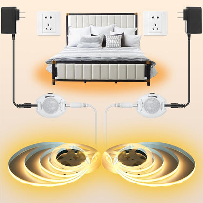 Under Bed Lights Motion Sensor COB Strip, 2-Packs 6.56Ft Warm White | Motion Activated LED Strip Lights with Dimmer, 12V Auto On/Off Motion Sensor Night Lighting for Indoor Bedside Cabinet Stairs