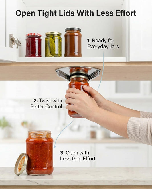Under Cabinet Jar Opener for Seniors with Weak Hands, All Metal Easy Grip Lid Opener Under Cabinet for Arthritis Hands, Bonus 2 Rubber Jar Openers