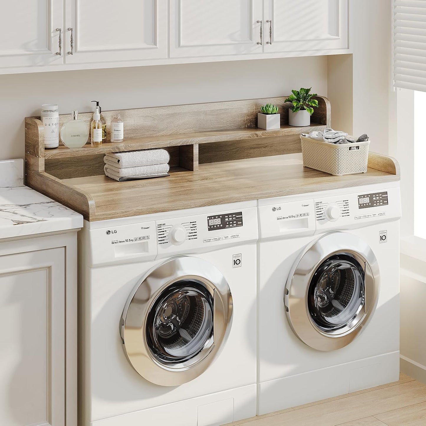 2-Tier Washer Dryer Countertop with 2.75" H Edge Rails, 54" W x 27.55" D Laundry Countertop for Folding Clothes, Washer and Dryer Topper with Non-Slip Pad (Dark Walnut)