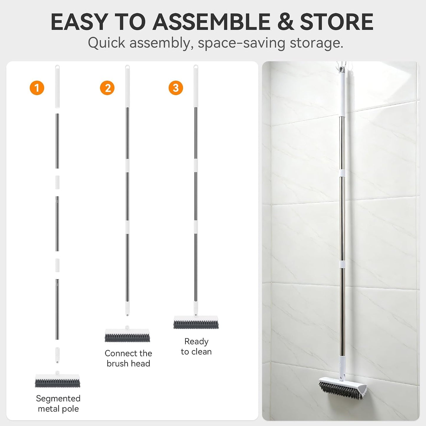 Scrub Brush with Long Handle, Extends to 55 in, Pivoting Triangle Head | Dual-direction stiff bristles work on push and pull strokes for bathtub, shower, tile, grout, patio and concrete