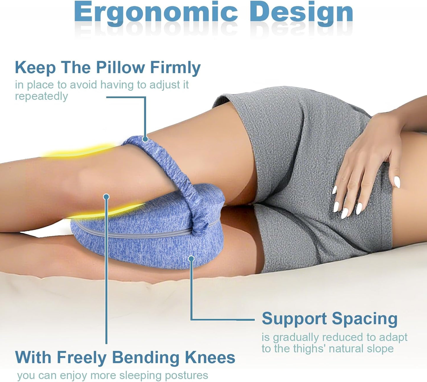 Knee Pillow for Side Sleepers, Leg Pillow for Sleeping, Knee Pillow with Strap, Alignment Pillow Between Legs, Suitable for Relieving Leg, Back & Knee Pain, Machine Washable (Blue)