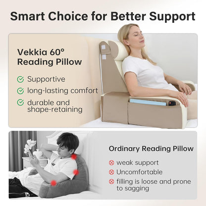 Vekkia 21" Reading Pillow for Bed with Adjustable Arms and XL Side Pockets | 60° Wedge Back Support, Washable Cover, Support Chair for TV, Gaming, Working, Nursing, Recovery in Bed & Floor, Black/Gray
