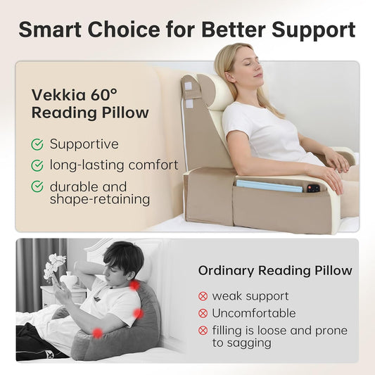Vekkia 21" Reading Pillow for Bed with Adjustable Arms and XL Side Pockets | 60° Wedge Back Support, Washable Cover, Support Chair for TV, Gaming, Working, Nursing, Recovery in Bed & Floor, Black/Gray