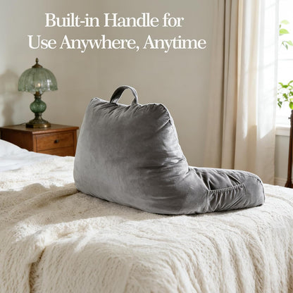 Reading Pillow for Bed with Arm Support, Large Backrest Cushion for Sitting Up in Bed, Plush Ergonomic Back Pillow for Reading, Watching TV, Gaming & Relaxing,Pillow with Shredded Memory Foam,Grey