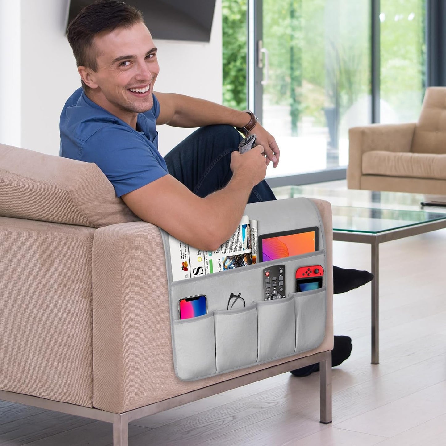 Remote Control Holder for Armchair Caddy, Remote Holder with 5 Pockets | Couch TV Remote Holder with Non-Slip Base, Bedside Caddy Organizer for Key Glasses Phone Magazine (Blue, 35"x12.4")