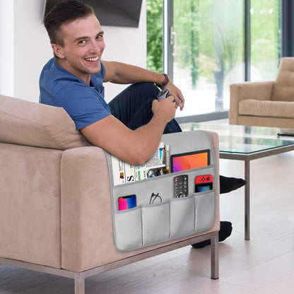 Remote Control Holder for Armchair Caddy, Remote Holder with 5 Pockets | Couch TV Remote Holder with Non-Slip Base, Bedside Caddy Organizer for Key Glasses Phone Magazine (Blue, 35"x12.4")