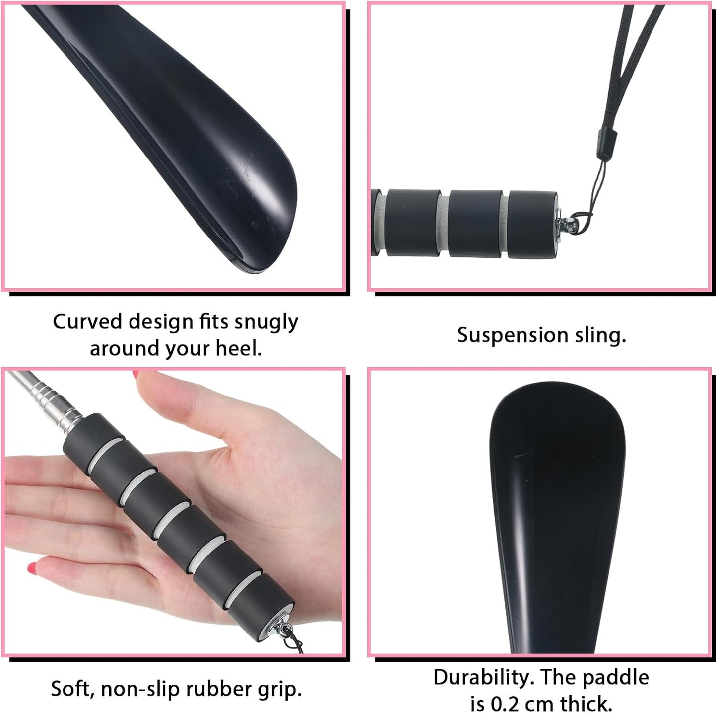 2 PCS Shoe Horn Long Handle for Seniors, Retractable Stainless Steel Foldable Shoe Horn, Adjustable Length Shoes Helper for Travel Women (Black, Pink)