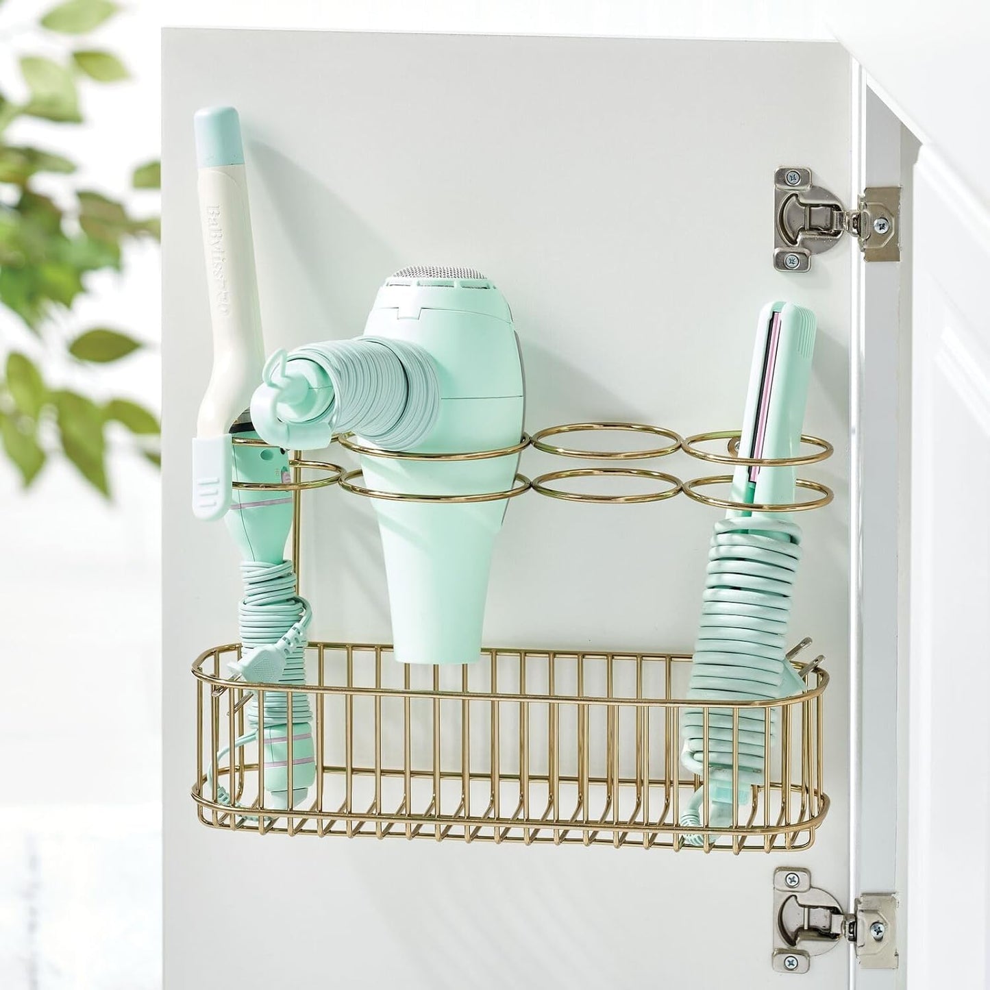 mDesign Hair Dryer Caddy – Wall Mounted Storage Rack with 4 Compartments – Hair Tool Organiser for Dryers, Curling Wands, Straighteners – Brass
