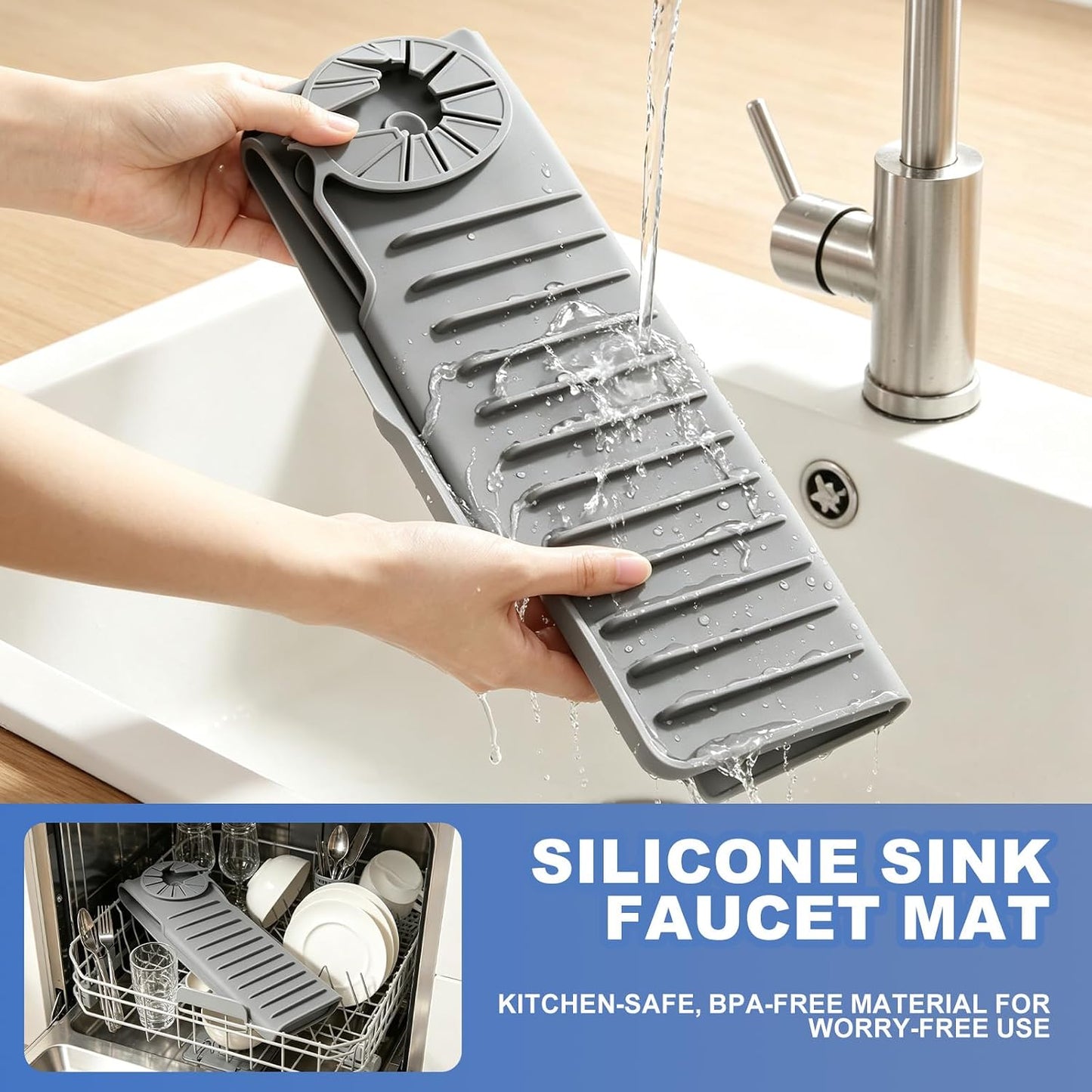 Silicone Faucet Mat for Kitchen Sink, Self Draining Splash Guard | 24" Silicone Faucet Mat , 4.7" High Splash Guard , 8° Sloped Self Draining Design , 33 Suction Cups , Sink Organizer Tray