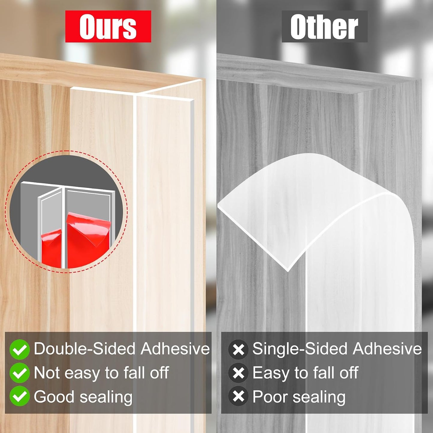 ToLanbbt T-Shaped Door Draft Stopper 1.97 in x 20 FT Silicone Weather Stripping Door Seal Double-Sided Adhesive Draft Seal Tape for Doors Windows and Shower Glass Gaps, Side, Frame, Clear