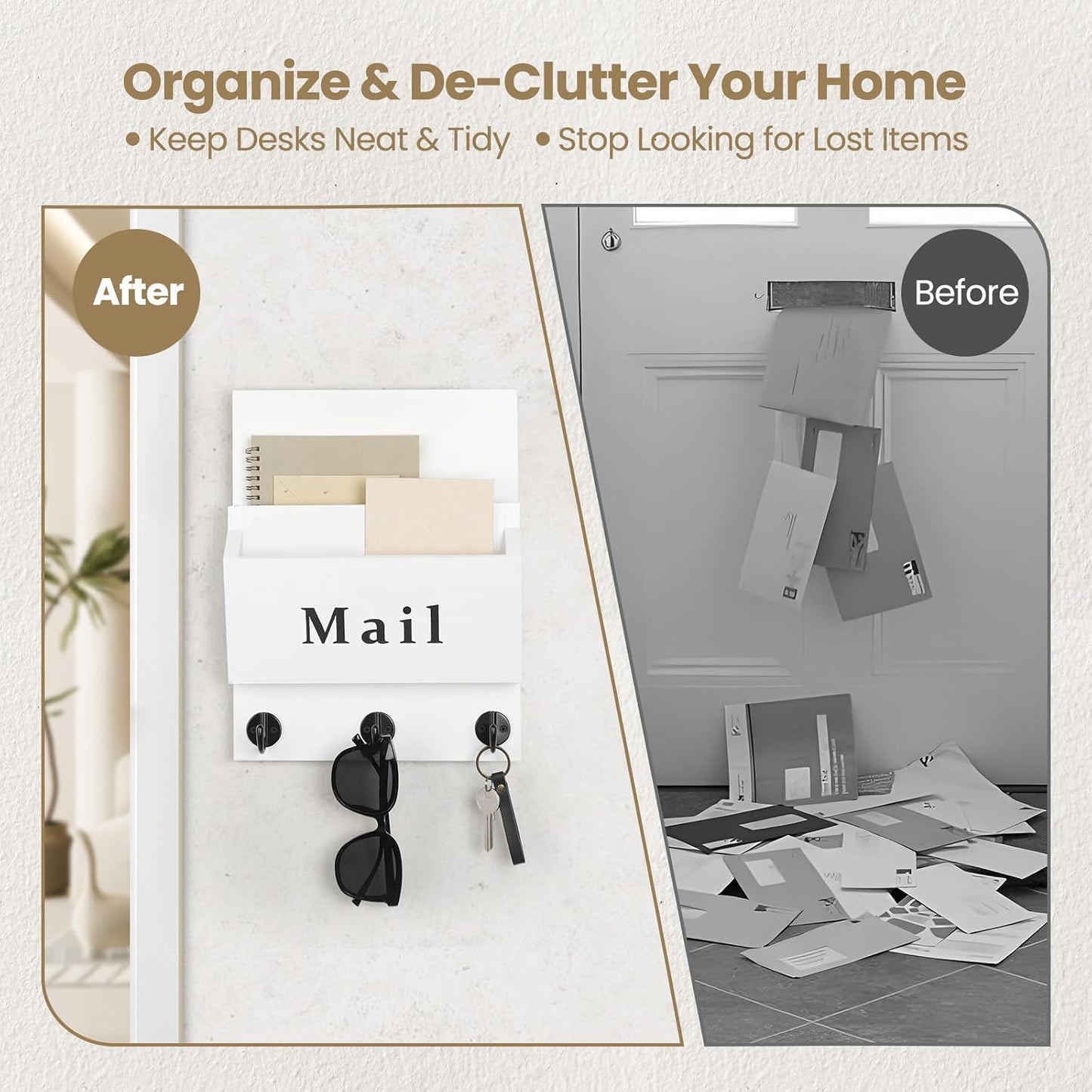 Mail and Key Holder, Wall Key Holder with 2 Mail Organizer Slot and 3 Hooks | Decorative 8.86" x 11.42" Mail Holder, Real Paulownia Wood with Keyhole Brackets, Hardware and Instructions