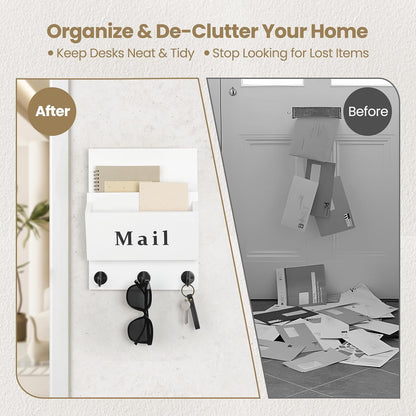 Mail and Key Holder, Wall Key Holder with 2 Mail Organizer Slot and 3 Hooks | Decorative 8.86" x 11.42" Mail Holder, Real Paulownia Wood with Keyhole Brackets, Hardware and Instructions