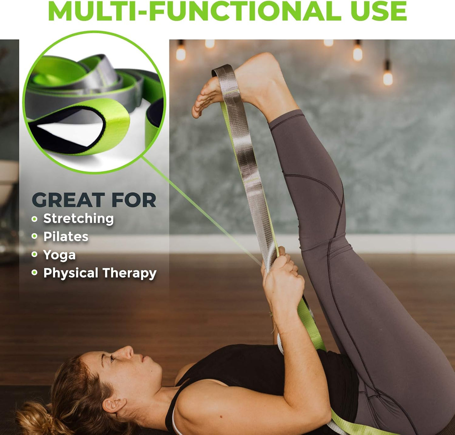 Stretching Strap for Physical Therapy, 12 Multi-Loop Stretch Strap 1.5" W x 8' L, Neoprene Handles, Physical Therapy Equipment, Yoga Straps for Stretching, Leg Stretcher.