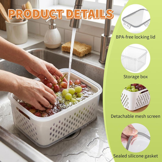 Fruit Storage Containers for Fridge, Grape Containers with Built-In Drain Basket, 2-Pack No-Leak Design, Saves Space, Durable and Easy to Clean, Easy Grab Handle, Keeps Grapes and Berries Fresh