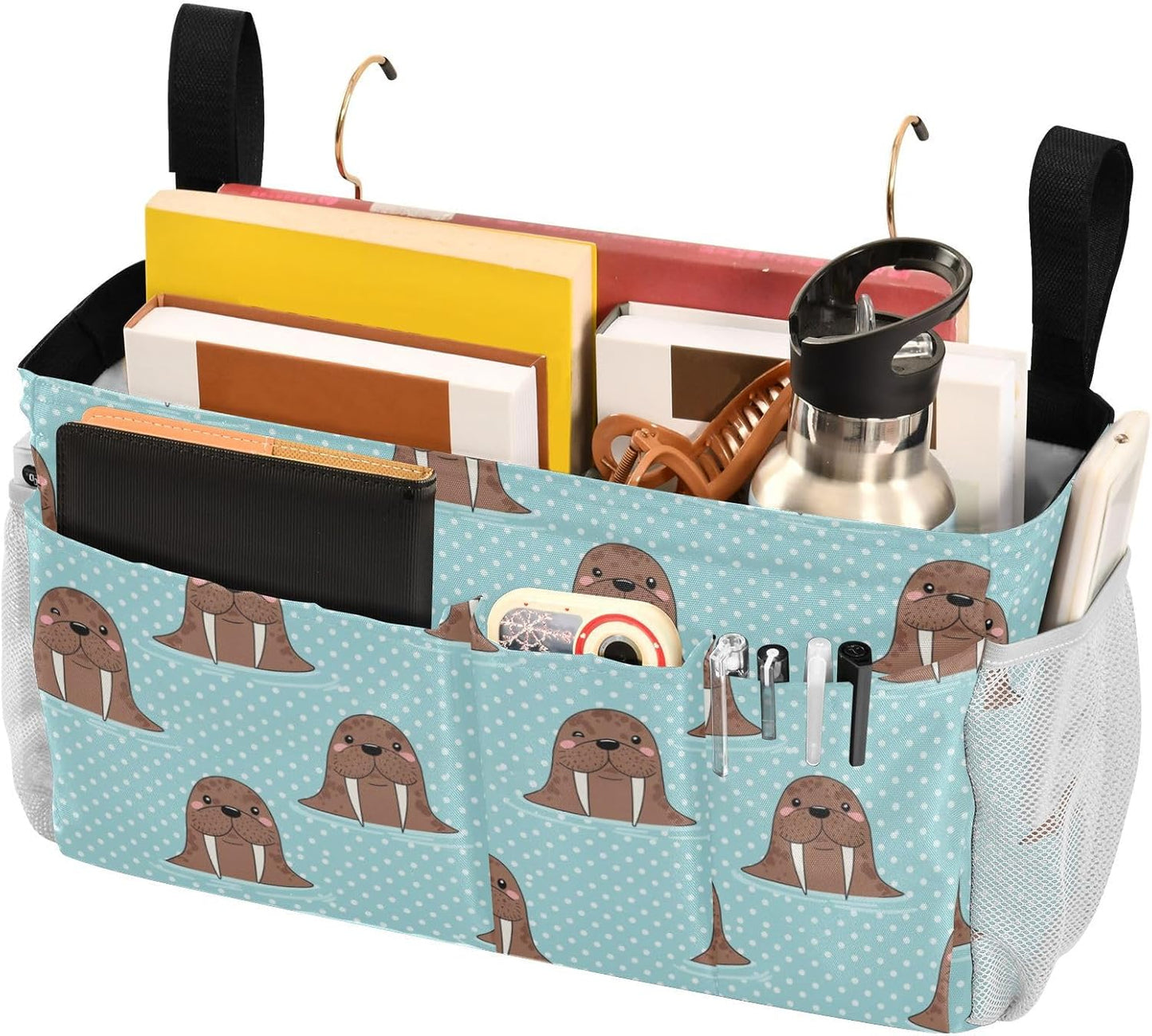 Walrus Blue Print Bedside Caddy Storage Bag Bedside Organizer for Bed Rails College Dorm Room Organizer Caddy Hanging Shelf 6 Pockets with Hooks for Glasses Book Tablet Holder