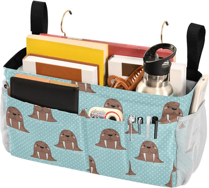 Walrus Blue Print Bedside Caddy Storage Bag Bedside Organizer for Bed Rails College Dorm Room Organizer Caddy Hanging Shelf 6 Pockets with Hooks for Glasses Book Tablet Holder