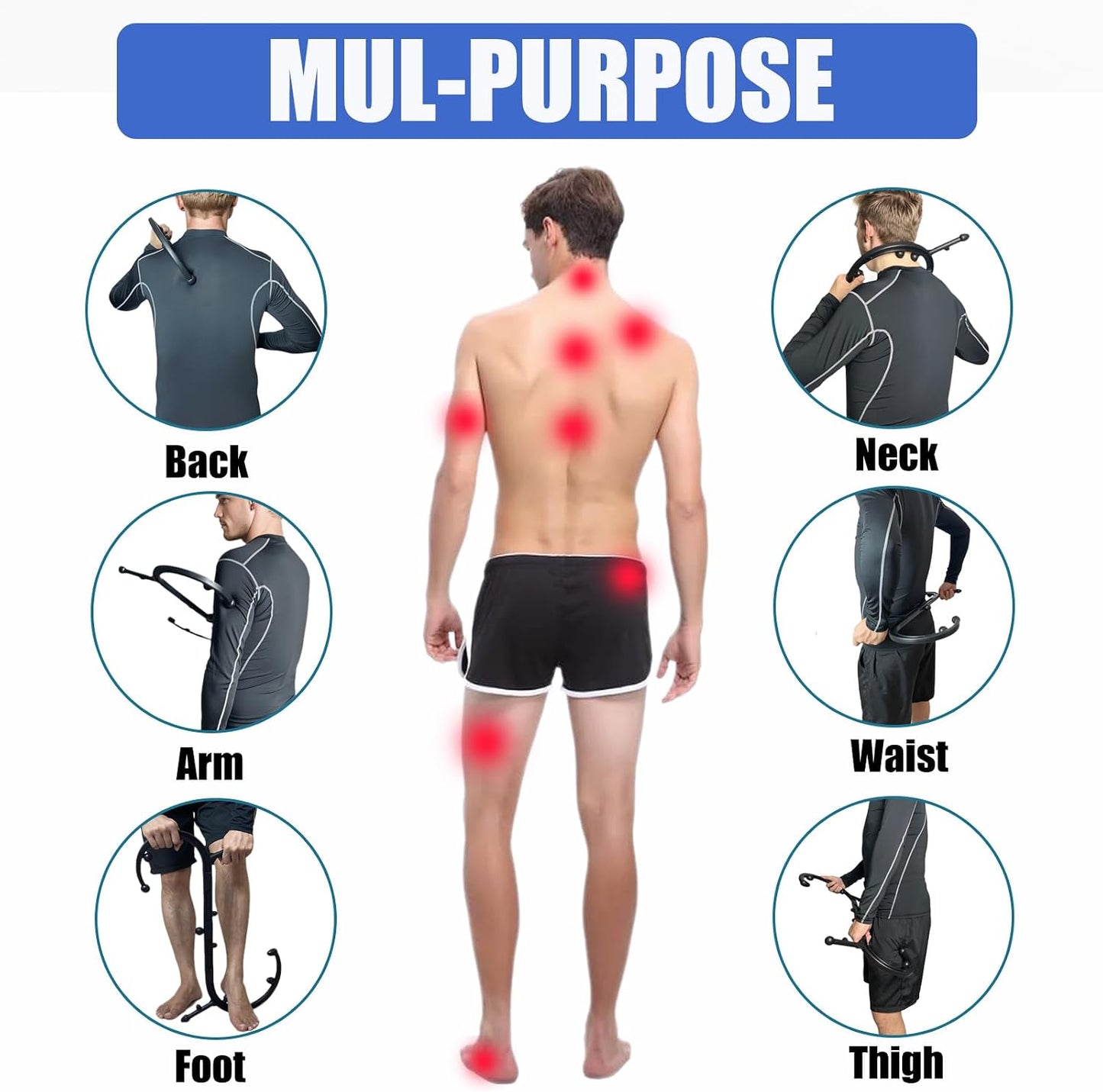 Trigger Point Massager, Back Cane with 12 Massage Nodes for Neck, Back, Shoulder & Full Body, S-Shaped Detachable Deep Tissue Massage Tool, Self Massage for Muscle Knots and Tension (Black)