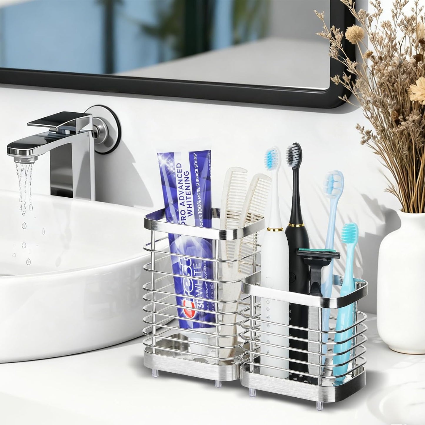 Toothbrush Holders for Bathrooms, 4 Slots Metal Tooth Brushing Organizer | Rustproof Electric Tooth Brush Toothpaste Holder with Drainage for Bathroom Countertop, White