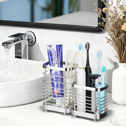 Toothbrush Holders for Bathrooms, 4 Slots Metal Tooth Brushing Organizer | Rustproof Electric Tooth Brush Toothpaste Holder with Drainage for Bathroom Countertop, White