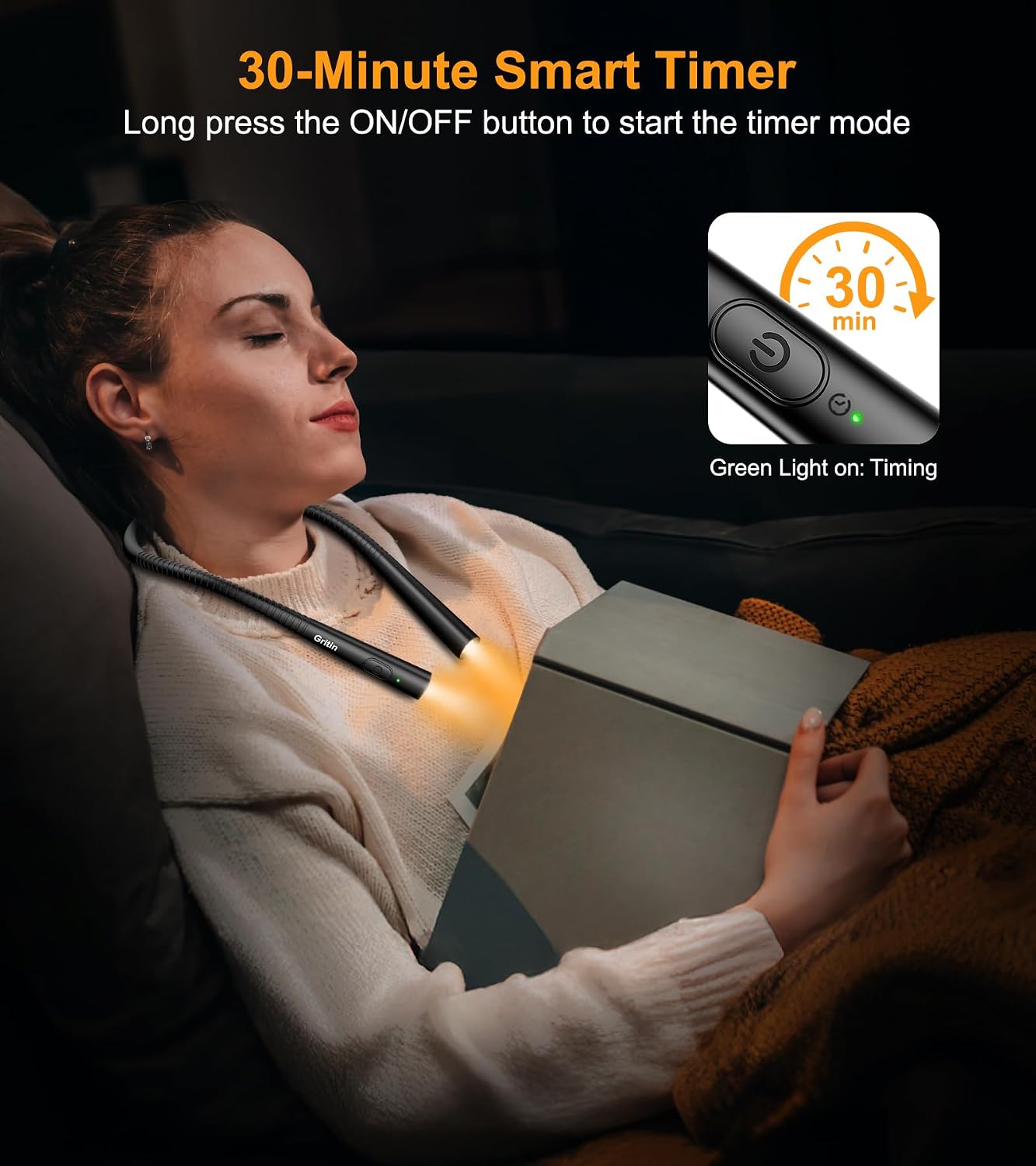 Gritin Book Light, Eye Caring 4-Color&5-Brightness Neck Light Reading Light | Stepless Dimming, 30-min Timer, 80+ Hrs Runtime, Bendable Round Neck Design, Lightweight for Reading, Knitting, Repairing
