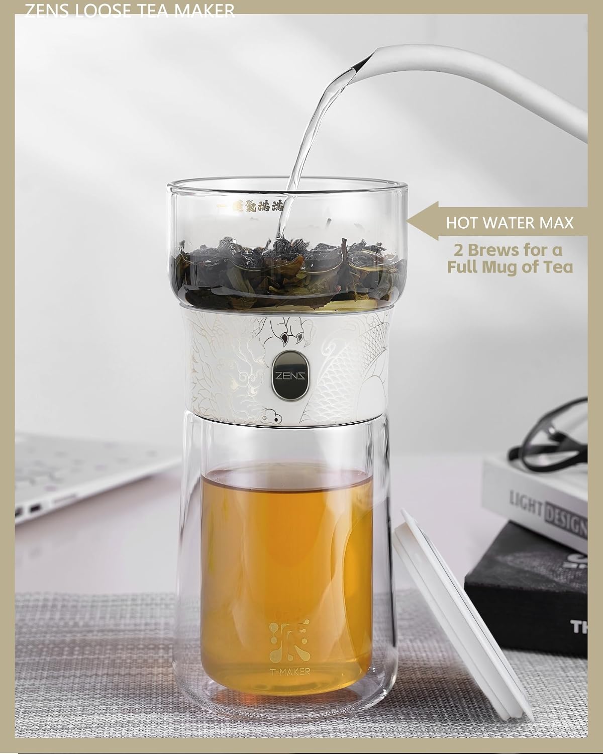 ZENS Glass Infuser Teapot, One Touch Tea Maker for Loose Leaf Tea, Walnut