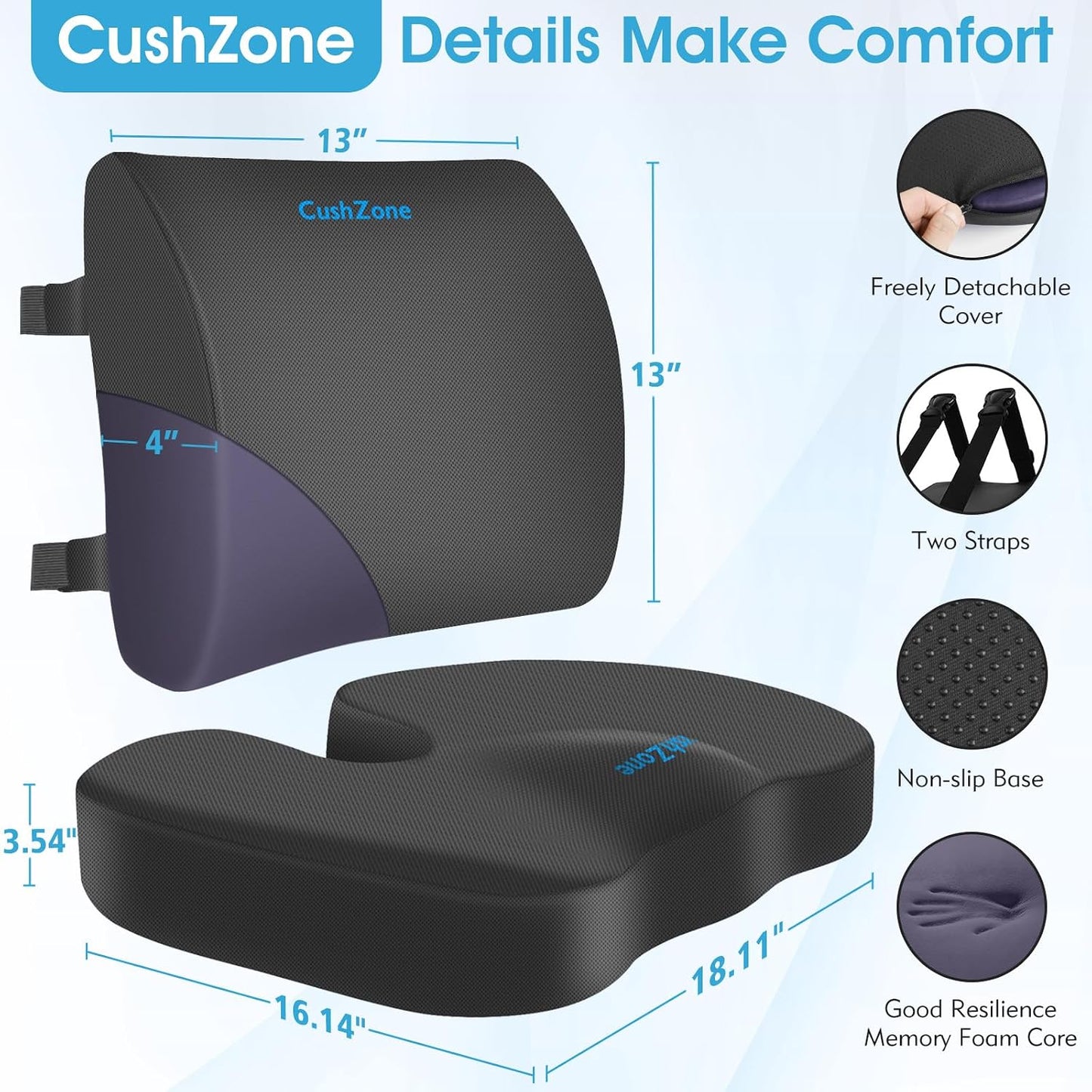 CushZone Ergonomic Seat Cushion & Lumbar Support Pillow - Memory Foam for Sciatica Pain Relief & Posture Correction, Non-Slip Chair Cushions for Office Chair/Car/Wheelchair/Travel (Black)