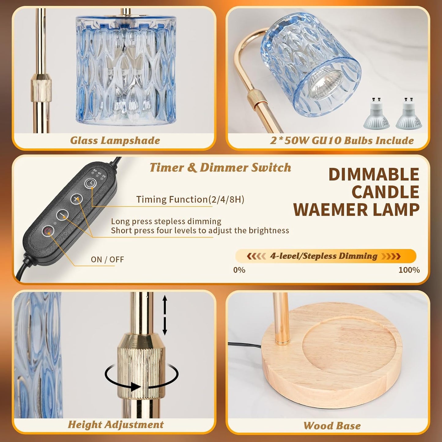 HAIDOLIANG Blue Candle Warmer Lamp with Timer and Dimmer | Height and Brightness Adjustable,Glass Electric Wax Warmer with 2 Bulbs for Women Gifts, Home Decor for Scented Jar Candles
