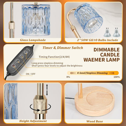 HAIDOLIANG Blue Candle Warmer Lamp with Timer and Dimmer | Height and Brightness Adjustable,Glass Electric Wax Warmer with 2 Bulbs for Women Gifts, Home Decor for Scented Jar Candles