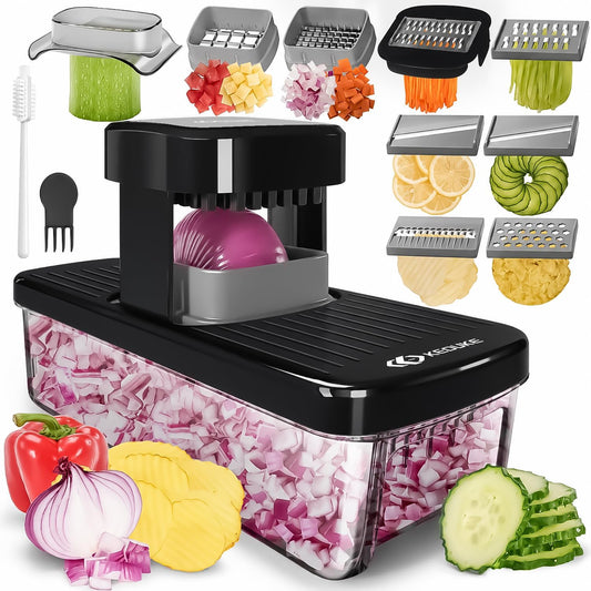 KEOUKE 8-in-1 Vertical Vegetable Chopper Mandoline Slicer with Container White - Safe Tap Out Dicer with Hand Guard for Kitchen Easy Food Prep, Onion Potato Veggie Fruit