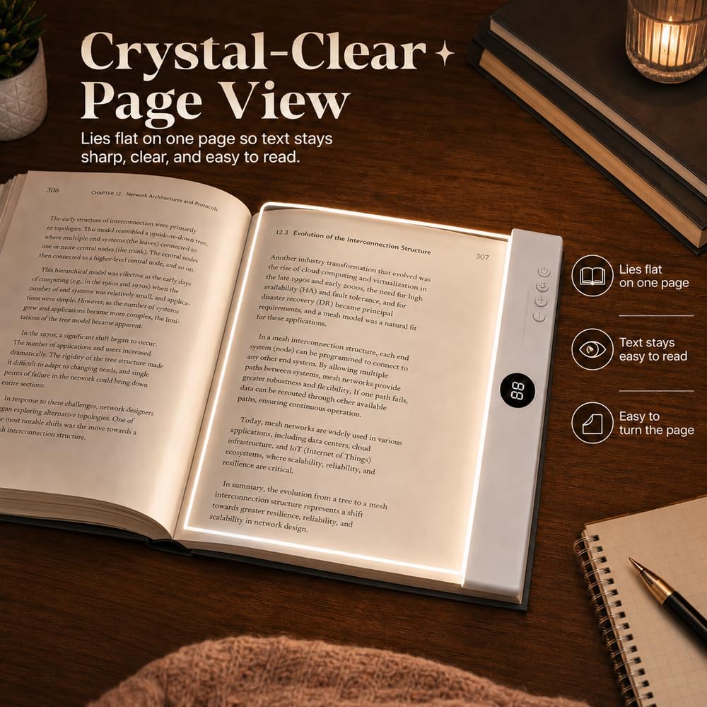 LED Page Reading Light, Rechargeable Flat Book Light, Normal White | Flat Rechargeable Page Light with Timer | 3 Light Modes | Stepless Dimming | Clear Acrylic Panel for Dorm Reading