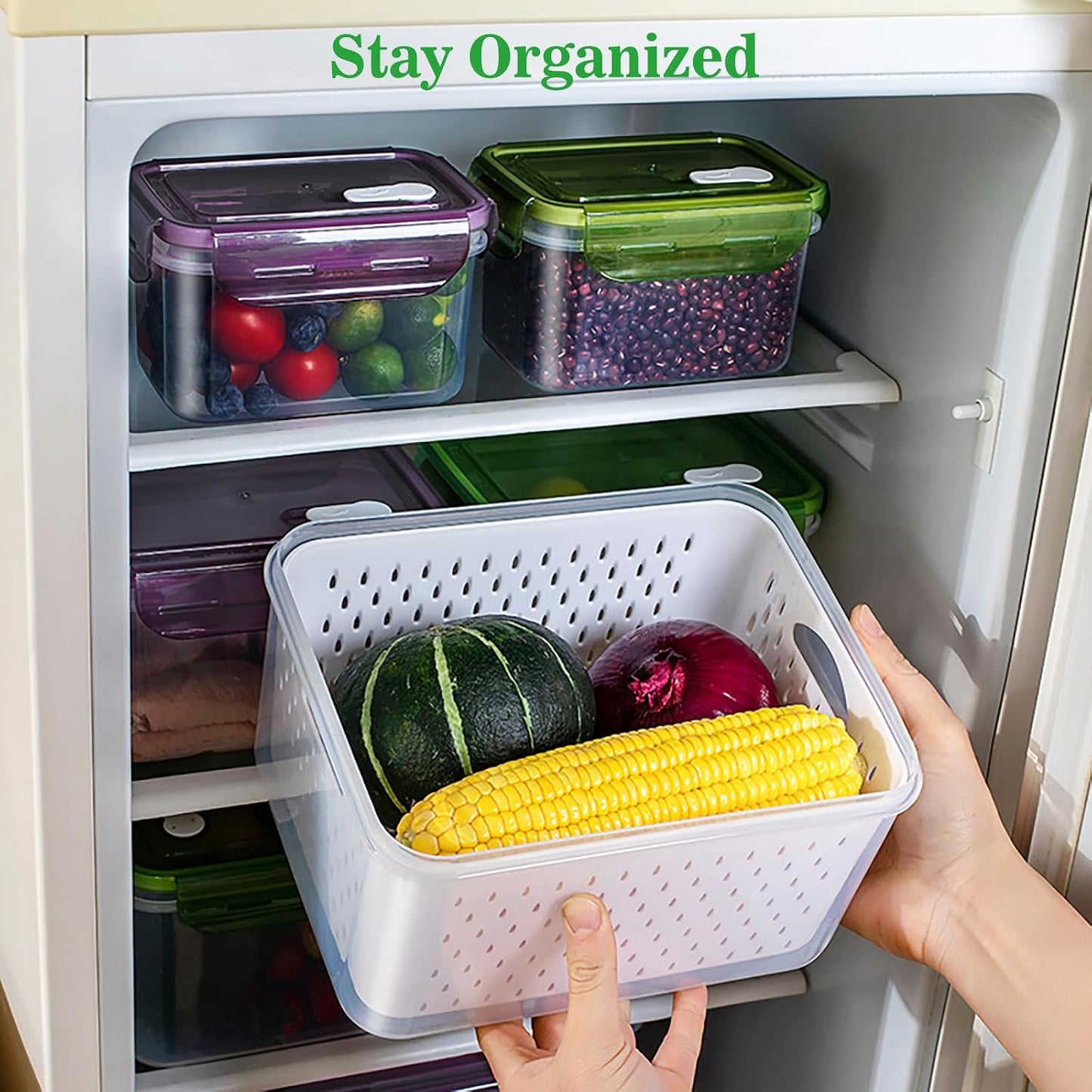 Fruit Storage Containers for Fridge with Removable Colander, Food Storage Containers with Lids, Dishwasher & Microwave Safe, Keep Berry Fruit Vegetable Meat Fresh Longer (Clear Body/Clear Lid)