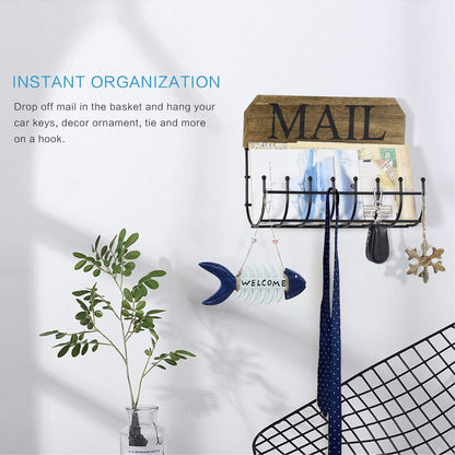 SRIWATANA Key Holder Wall Mount with 5 Hooks, Metal Mail Organizer, Black | Key Hooks for Wall, Mail Storage Basket, 10.8''L x 2.6''W x 4.5''H, Mail Holder for Wall for Home Office Entryway Hallway
