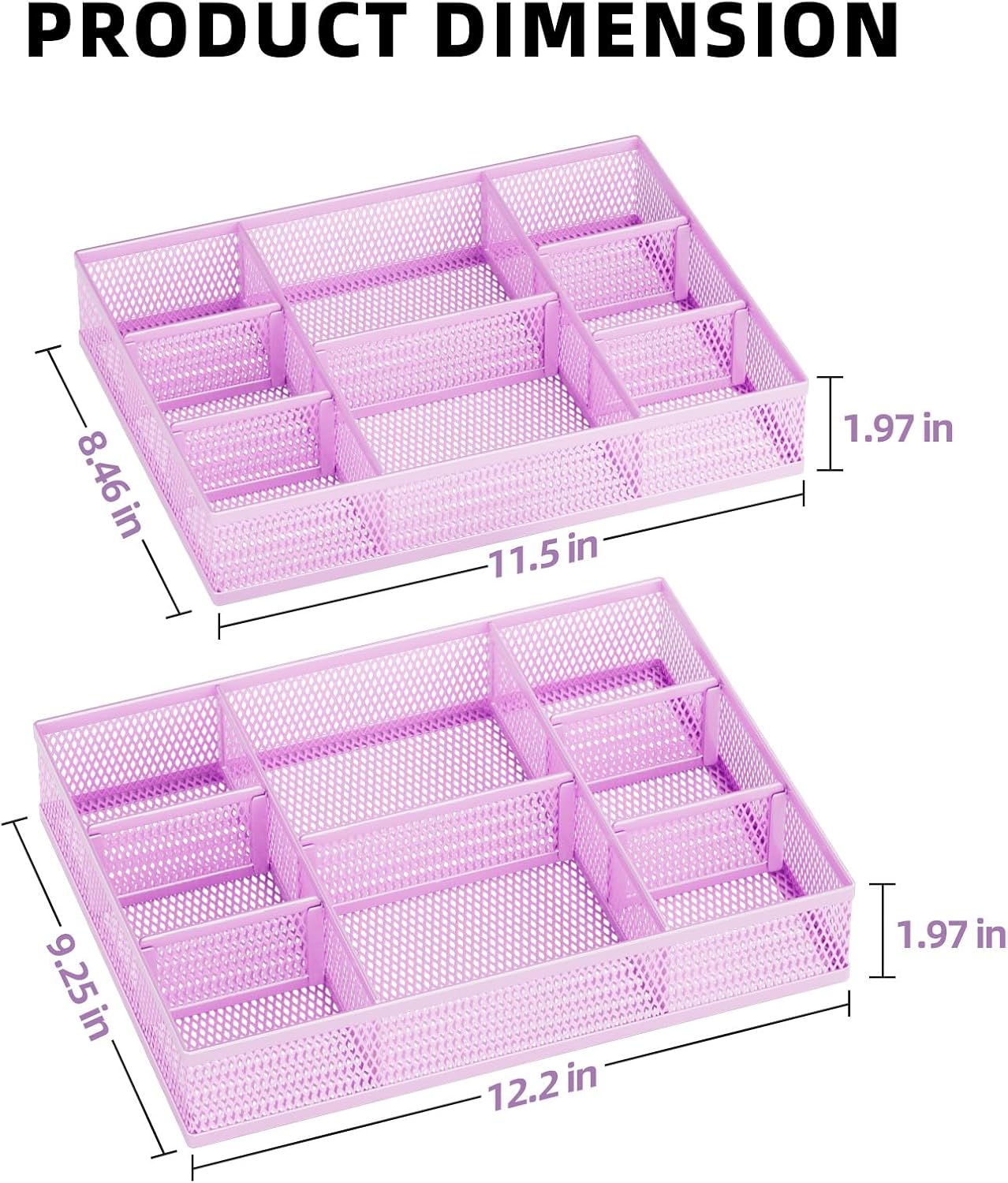 Marbrasse 2 Pack Desk Drawer Organizer, Mesh Drawer Organizer Tray with 8 Adjustable Compartments, Desk Organizers and Accessories, 5 Dividers Drawer for Office Supplies, Makeup & Vanity (Black)