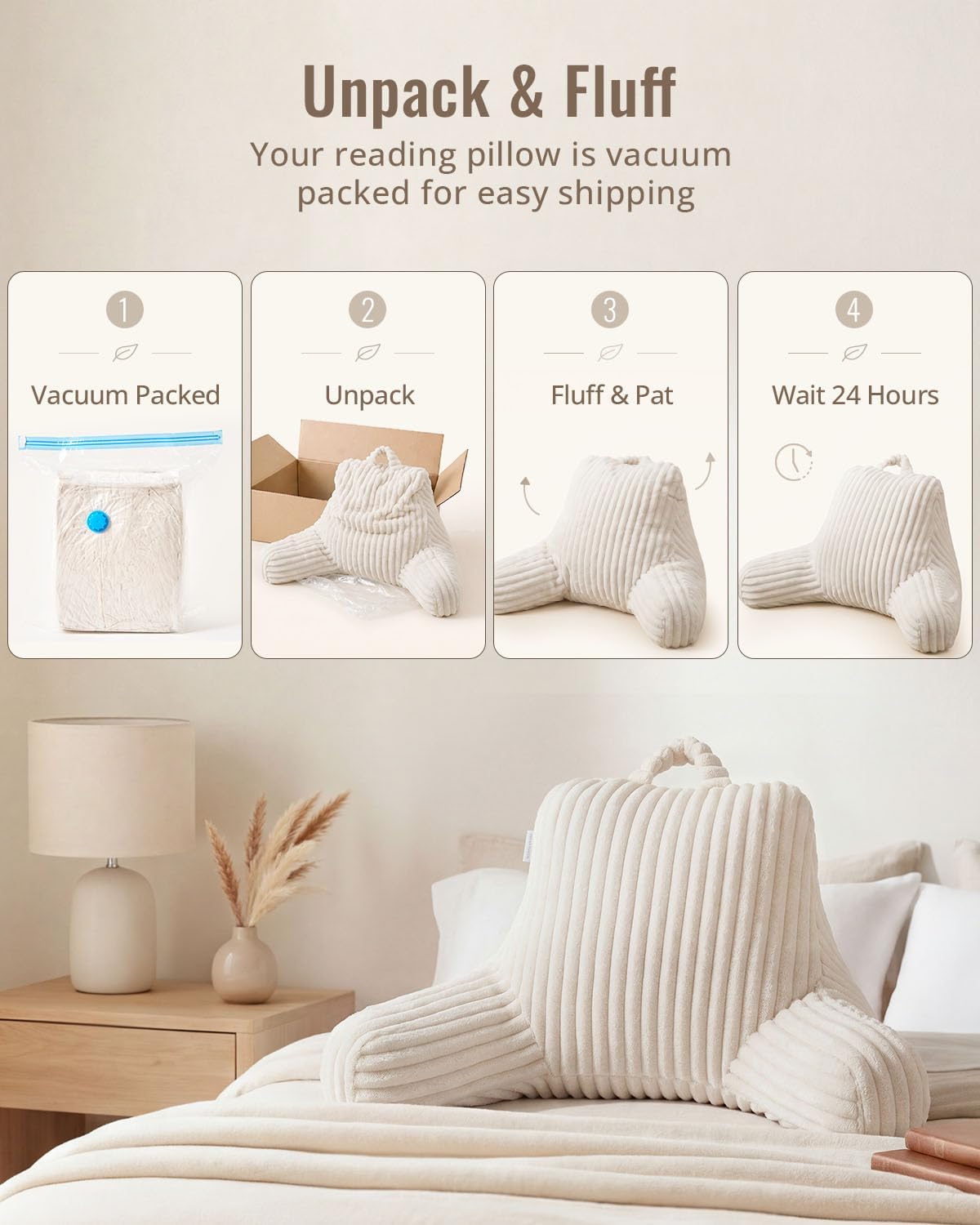 Blissful Diary Reading Pillow, Backrest Pillow with Shredded Memory Foam for Adult & Children, Designed for Bed and Couch Sitting Up, Includes Arms, Pockets and Washable Cover, Off White