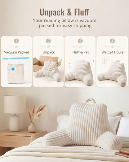 Blissful Diary Reading Pillow, Backrest Pillow with Shredded Memory Foam for Adult & Children, Designed for Bed and Couch Sitting Up, Includes Arms, Pockets and Washable Cover, Off White