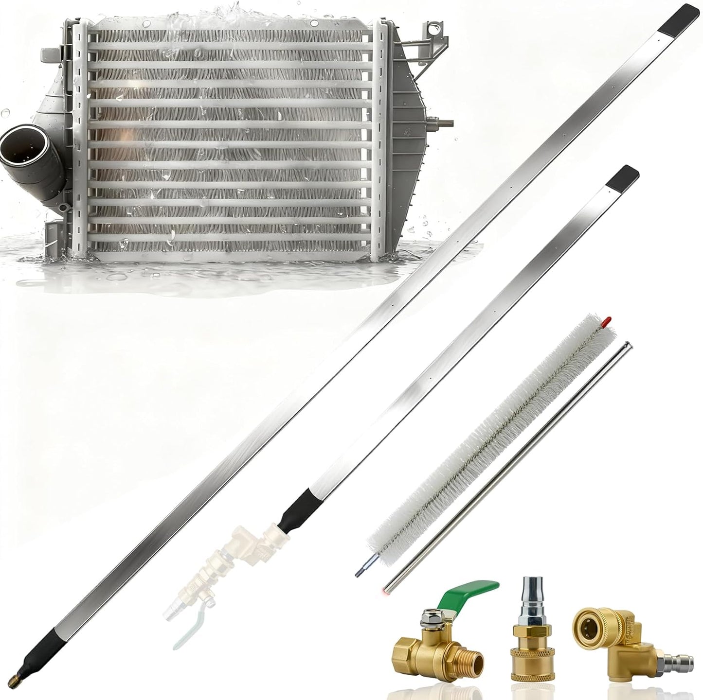 47" & 24" Radiator Cleaning Wand 2-Piece Set, 4500 PSI Pressure Washer Wand Air and Water, Stainless Steel Car Radiator Cleaning Tools kit with Connectors, Cleaning Brush for Tractor, Semi, Truck