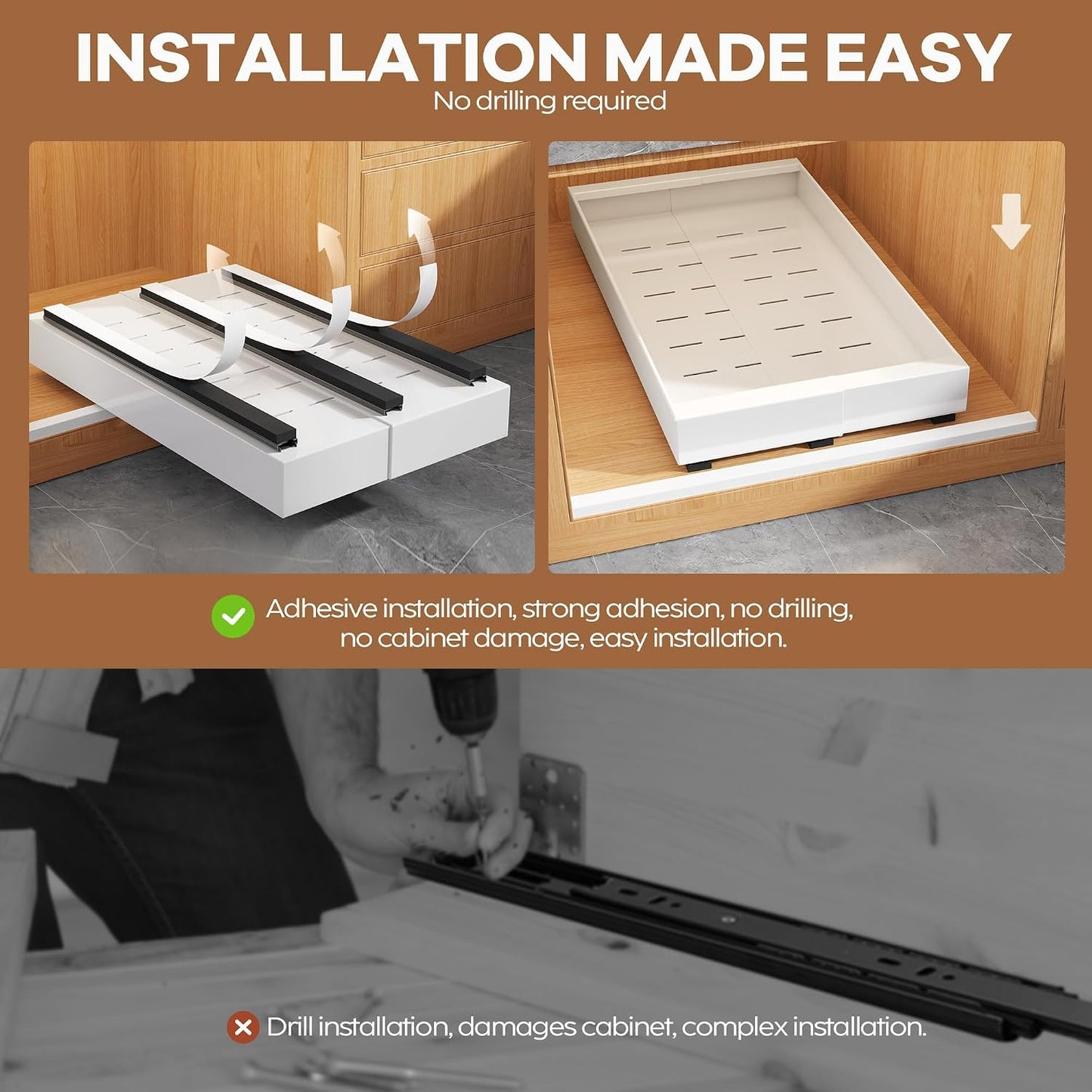 Seinloes 2Pack Expandable Pull Out Cabinet Organizer 21"Deep With Raising Pad for Framed Cabinets, Upgrade 3 Slide Rails Slide Out Drawers, Roll Out Shelves Adhesive,Adjustable Width 12.05"-20.4"White