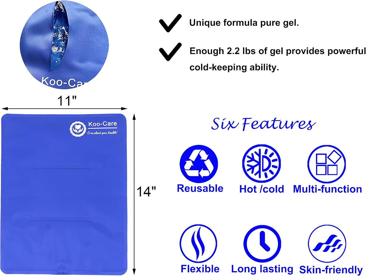 Koo-Care Large Flexible Gel Ice Pack for Injuries Reusable Hot Cold Compress - Fit for Shoulder Arm, Back, Hip, Knee, Shin, Foot Pain Relief, Swelling, Physical Therapy (L, 11" x 14") Pack of 2