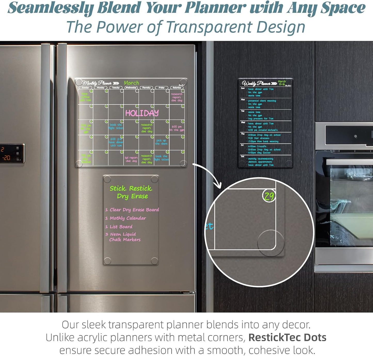 Clear Non-Magnetic Calendar Set for Fridge - Dry Erase Transparent Monthly and Weekly Calendar, List and Blank Whiteboard - Sticks to Wall, Glass, Door, Any Smooth Surfaces