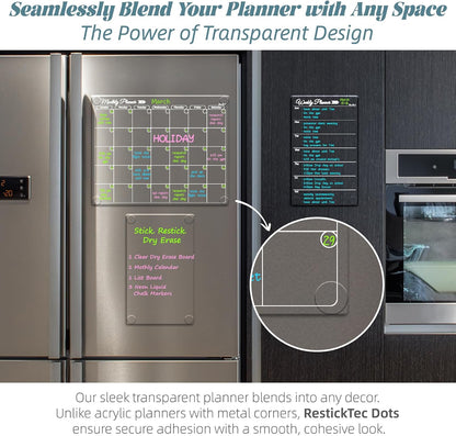 Clear Non-Magnetic Calendar Set for Fridge - Dry Erase Transparent Monthly and Weekly Calendar, List and Blank Whiteboard - Sticks to Wall, Glass, Door, Any Smooth Surfaces