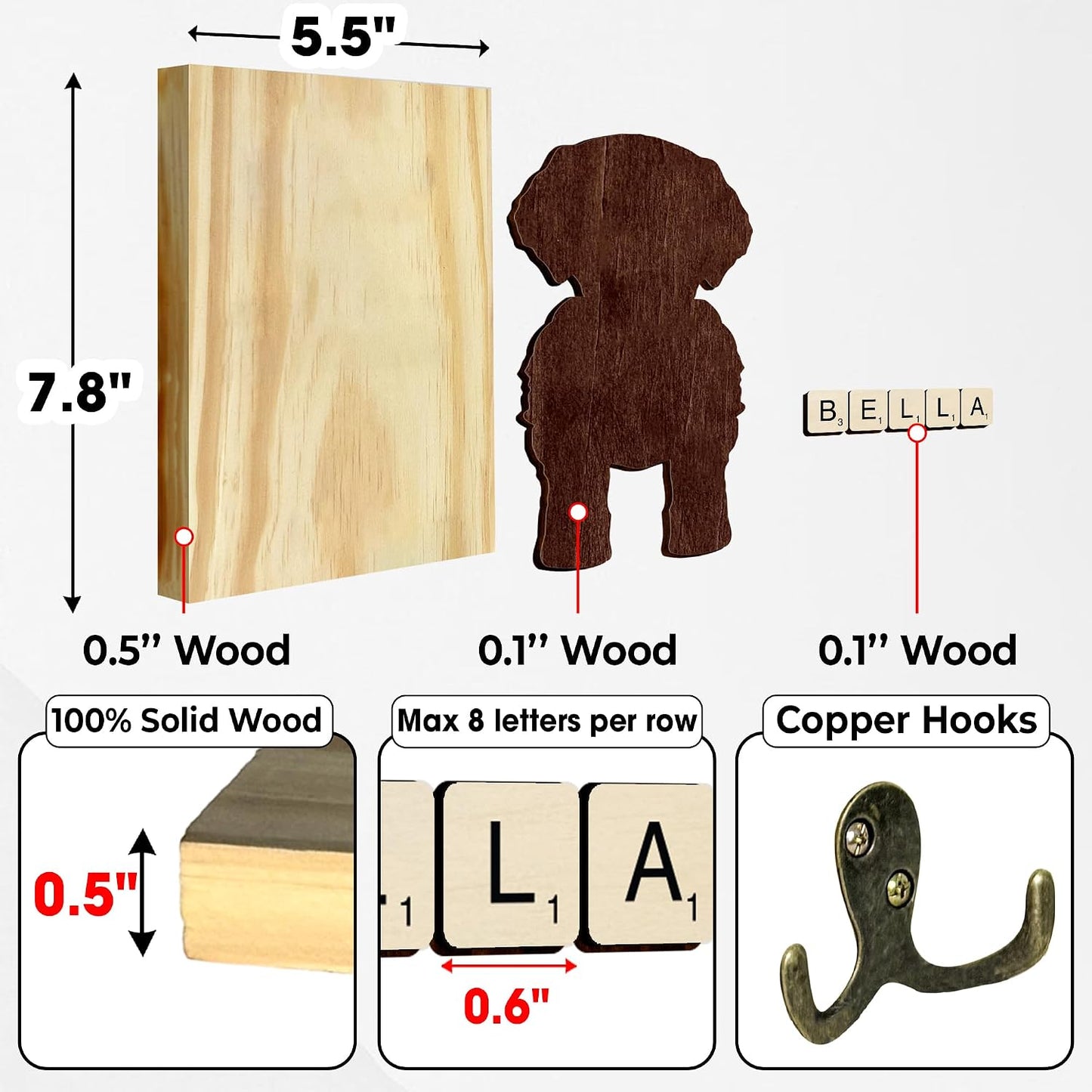 Dog Leash Holder Wall Mount, Pet Harness Hanger with Scrabble Letters, Dog Collar Organizer for Entryway, Memorial Cat Leash Holder for Wall, Pet Loss Gifts, Keepsake, Home Decor PF212-NAT