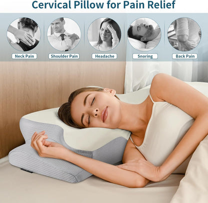 Cervical Neck Pillow for Pain Relief, Contour Memory Foam Pillows for Sleeping, Ergonomic Pillow Orthopedic Cooling Pillow Bed Pillow Neck Support for Side Back Stomach Sleepers（Grey&White