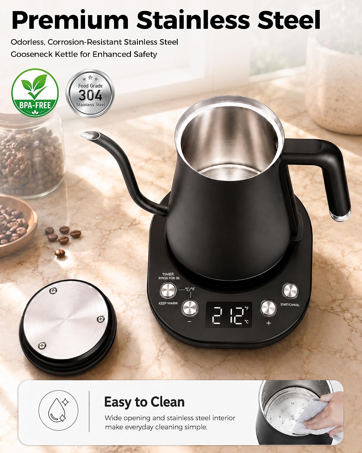 Gooseneck Electric Kettle with ±1℉ Temperature Control, 304 Stainless Steel Interior, BPA Free, 1200 Watt Rapid, Brew Timer, Automatic Shut Off for Pour Over Coffee, Brew Tea（Matte Black）