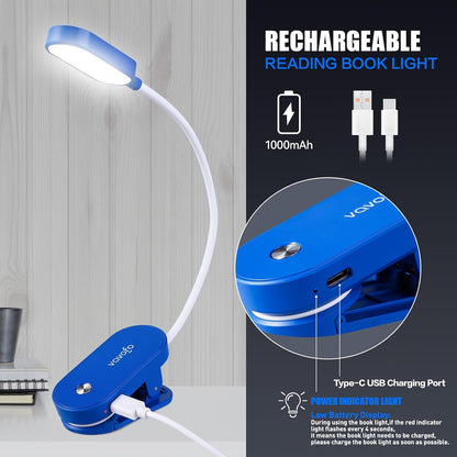 VAVOFO Rechargeable Book Light, 14 LEDs Eye Care Clip On Amber Reading Light for Bookworms Reading in Bed with 9 Colors 9 Brightness (Blue)