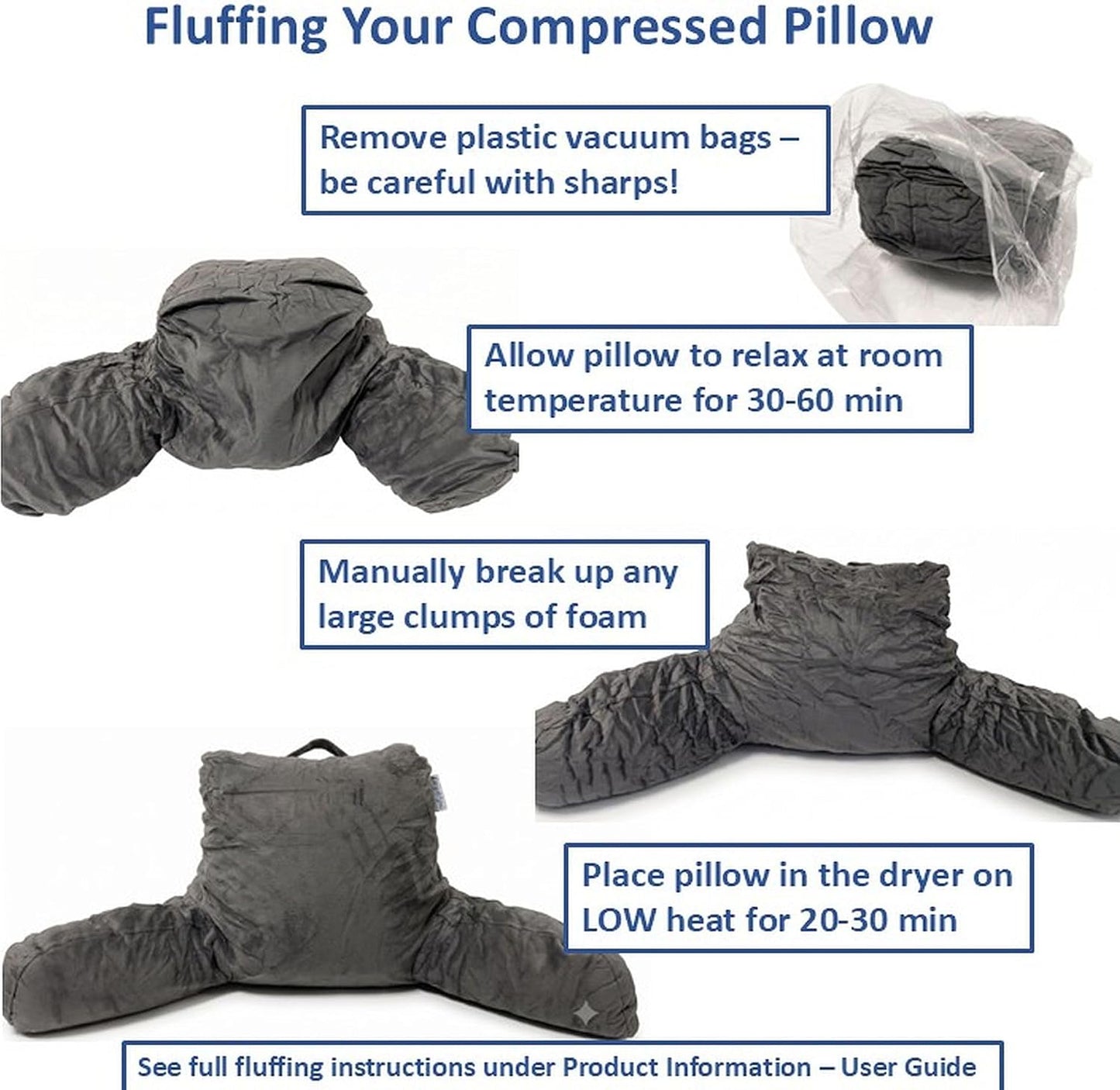 Reading Pillow for Bed with Arms Pockets for Adults, Large Grey | Bed Pillow for Sitting Up for Nursing, Breast Feeding, Bedrest or Relief from GERD or Heartburn; Removable, Washable Cover