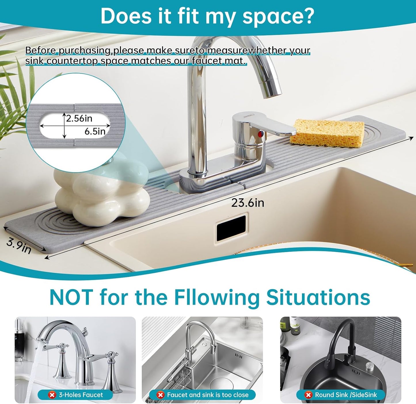 Stone Faucet Mat for Kitchen Sink Oval Hole Bathroom sink splash guard | Water-Absorbing Diatomite Stone Drying Mat & Sink Protectors Absorbent Stone Tray for Bathroom Counter, Oval Hole 6.5" x 2.5"