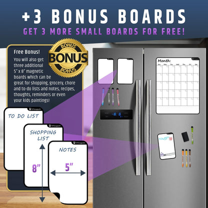 Large Dry-Erase Magnetic Monthly Calendar + Free Bonus: 3 Grocery/to-Do List Whiteboards (Organizer/Planner) for Kitchen Fridge - Full Set: 8 Markers + Eraser | Stain Free | Horizontal