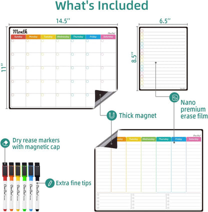 Magnetic Dry Erase Weekly Calendar for Fridge - Large 17"x12" Magnetic Weekly Planning Board with Hourly Time Slots - 6 Extra Fine Point Markers Included